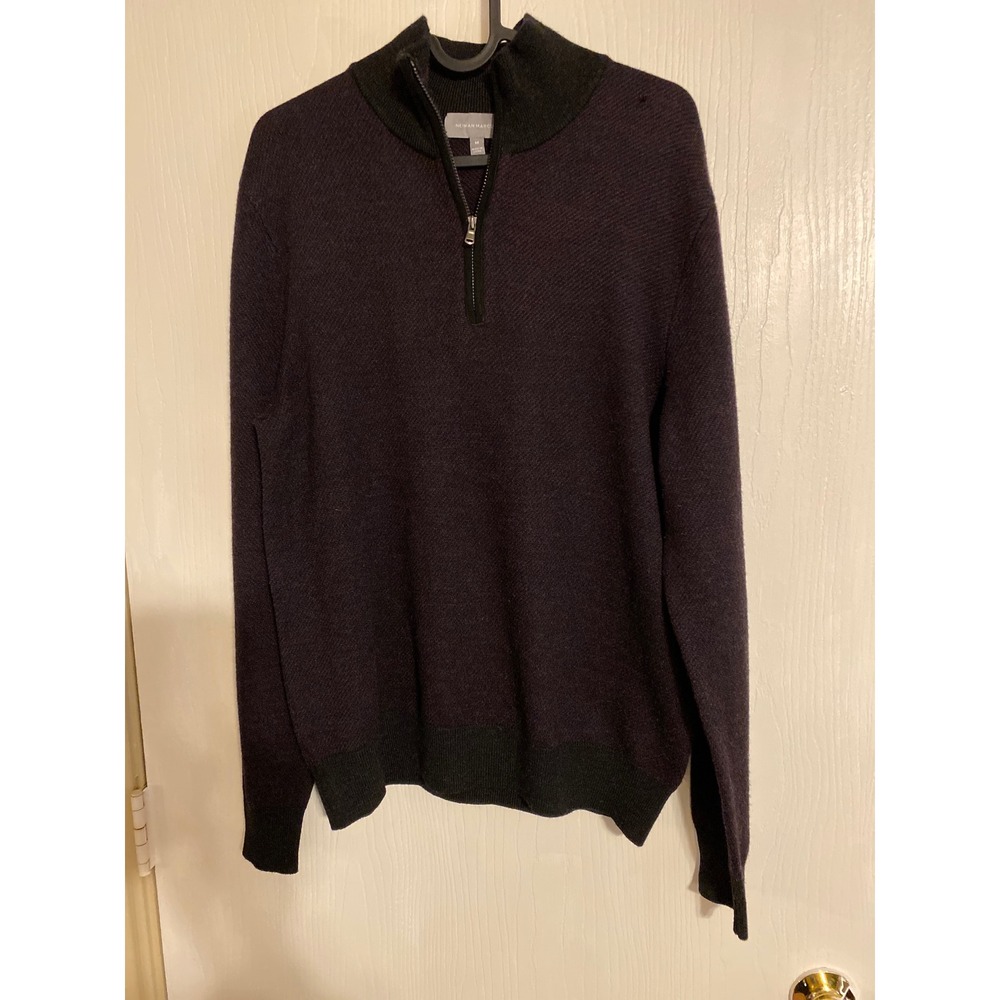 Neiman Marcus Mens Purple 100% Merino Wool Quarter Zip Sweater Suede Trim Medium